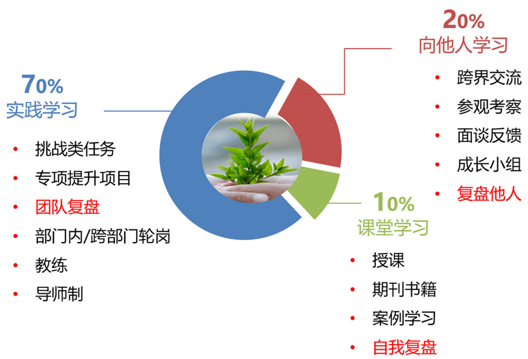 721法则,即实践学习占70%,向他人,向标杆学习占20%,课堂知识类学习