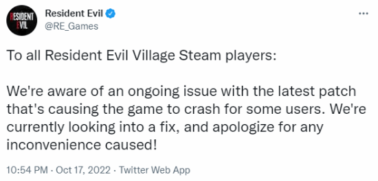 《生化危机8》Steam更新遇崩溃BUG 官方：正在修复
