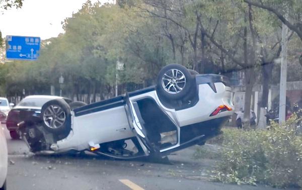 一辆suv撞上行道树后翻车 幸无人员伤亡