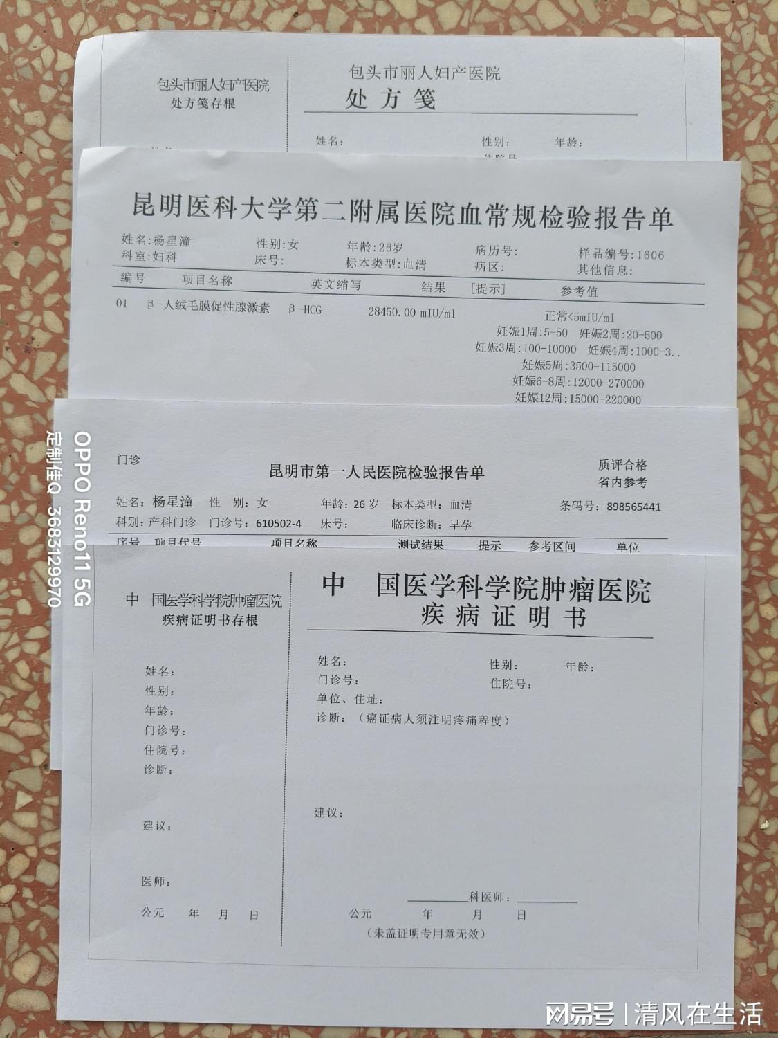 上环证明单老版查环查孕计划生育单病历怀孕血检HCG报告B超图片单
