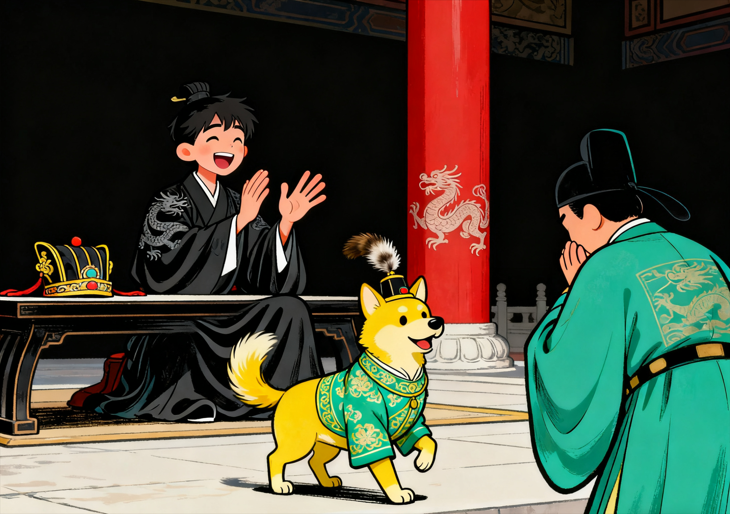 (图：灵帝戏狗，朝堂闹剧）