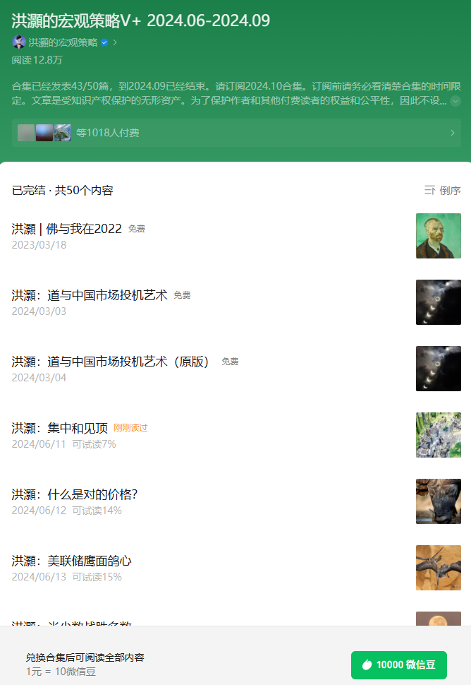 公众号洪灏的宏观策略付费阅读合集截图