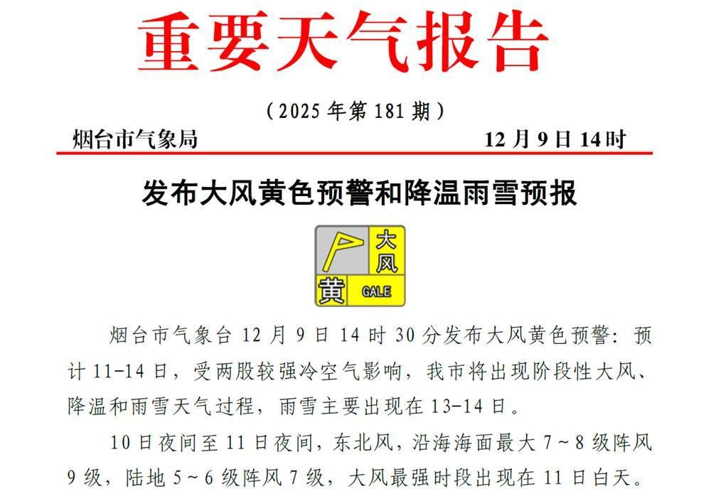 预计11-14日，烟台将出现阶段性大风、降温和雨雪天气过程