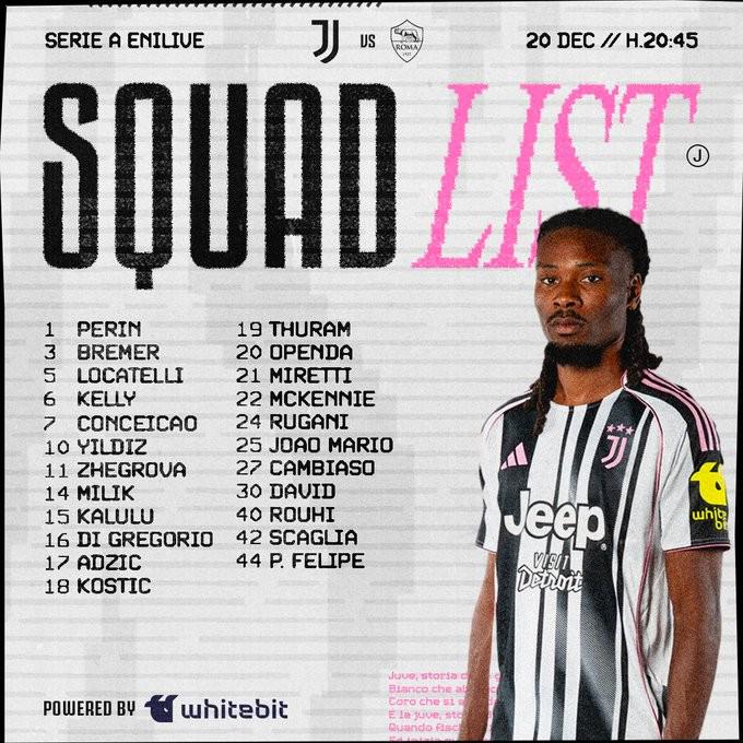 尤文公布战罗马大名单：伊尔迪兹领衔，米利克长期伤缺后回归