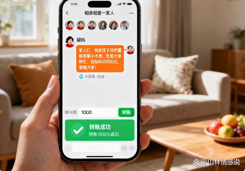 舅舅患病，舅妈在家族群里发起80万的筹款，我默默转了1000块