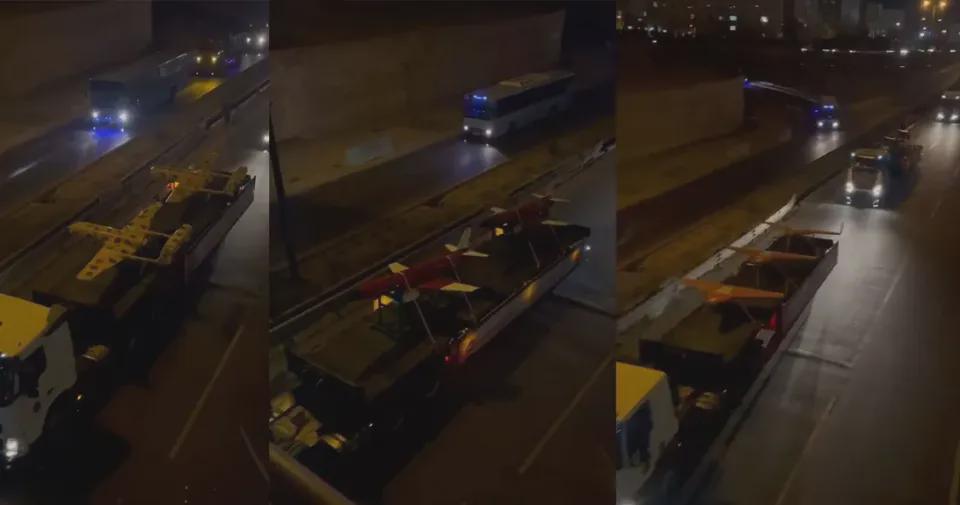 ▲载有作战无人机的卡车在夜间穿过伊朗城市