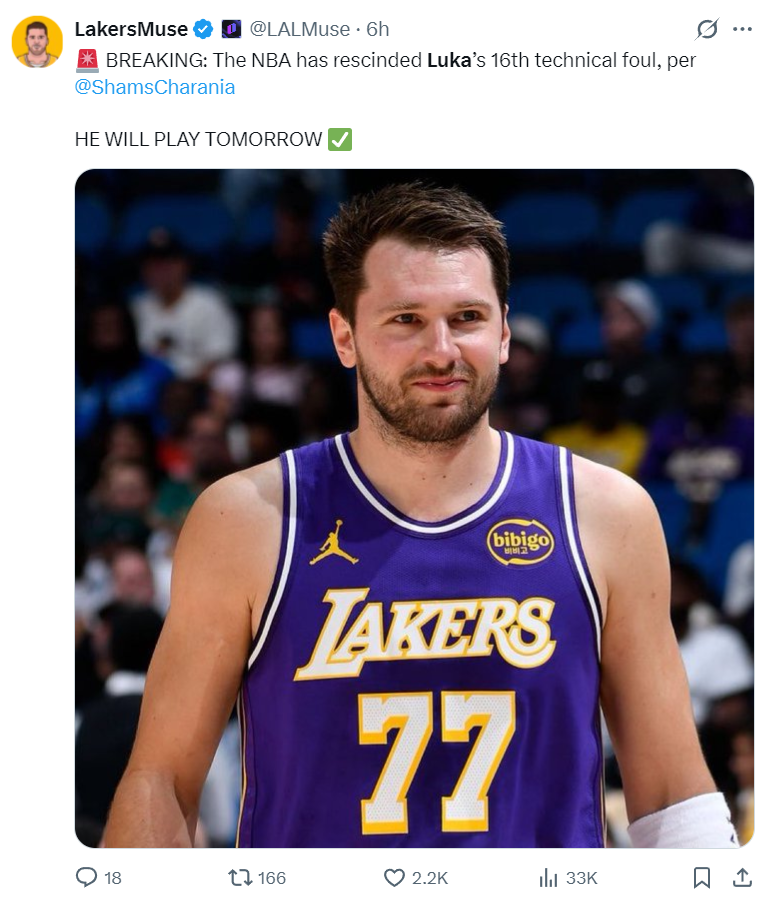 湖人13战12胜两点联盟前5！东契奇场均36+8+7 取消技犯引名嘴不满