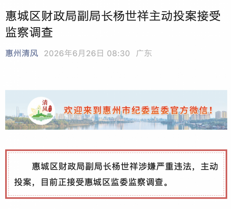 惠州惠城区财政局副局长杨世祥主动投案