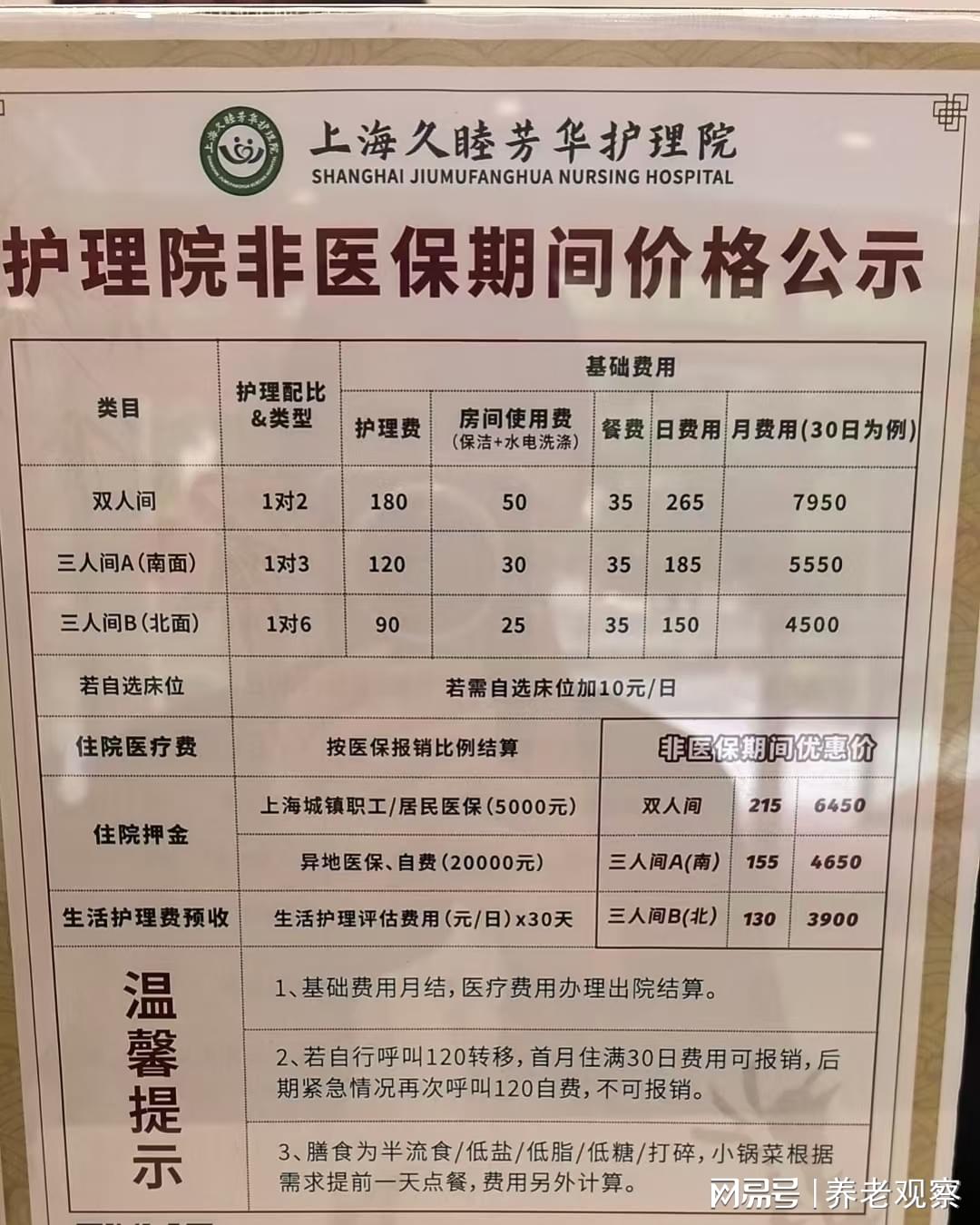 久睦芳华护理院收费价格