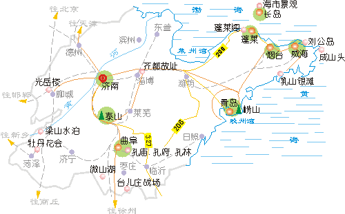 從山東旅遊景點分佈圖可以看出,從沿海的青島,煙臺,到內陸的濟南,泰山